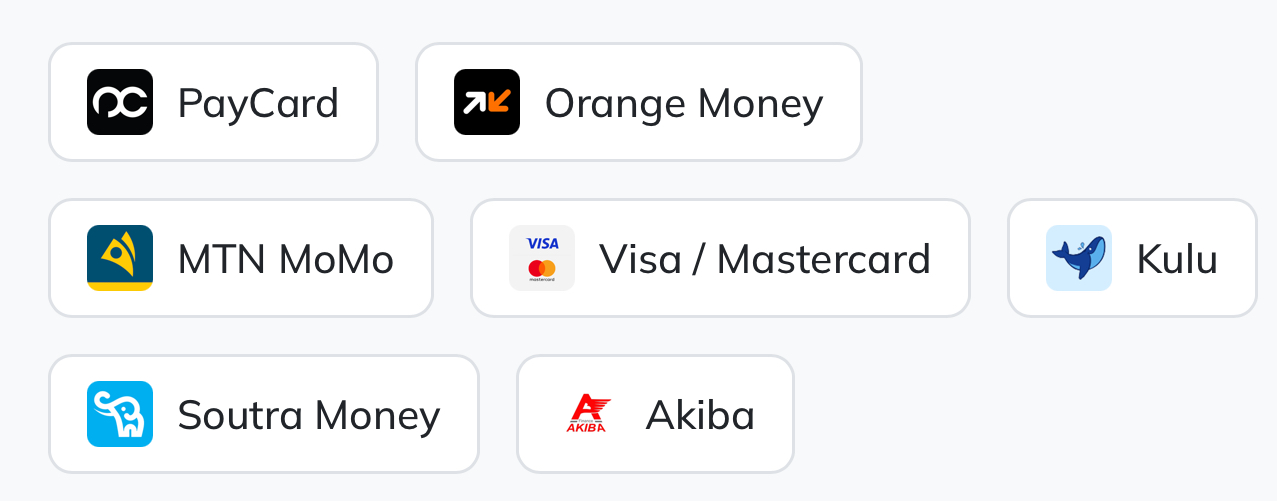 PayCard, Orange Money, MTN MoMo, Visa, Mastercard, Kulu, Soutra Money and Akiba payment methods